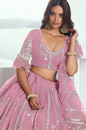 Pink Net Embroidered & Thread Work Semi Stitched Lehenga Choli