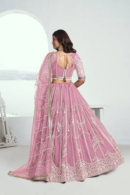 Pink Net Embroidered & Thread Work Semi Stitched Lehenga Choli 4