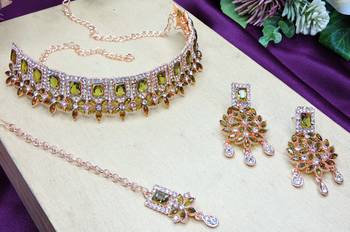 Green rose gold premium designer american diamond and stone work necklace set 3