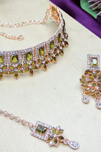 Green rose gold premium designer american diamond and stone work necklace set