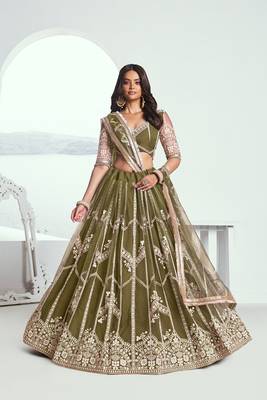 Green Net Embroidered & Thread Work Semi Stitched Lehenga Choli 1