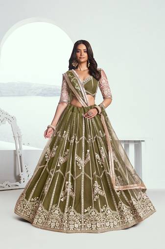 Green Net Embroidered & Thread Work Semi Stitched Lehenga Choli