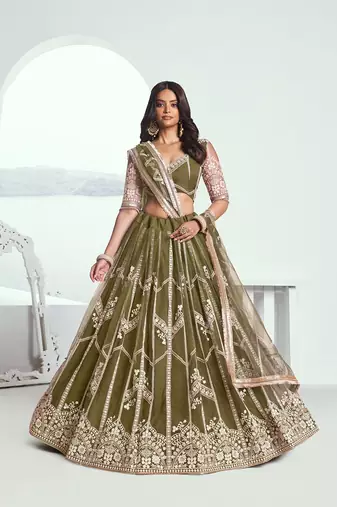 Green Net Embroidered & Thread Work Semi Stitched Lehenga Choli