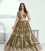 Green Net Embroidered & Thread Work Semi Stitched Lehenga Choli