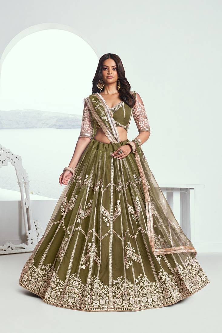 Green Net Embroidered & Thread Work Semi Stitched Lehenga Choli