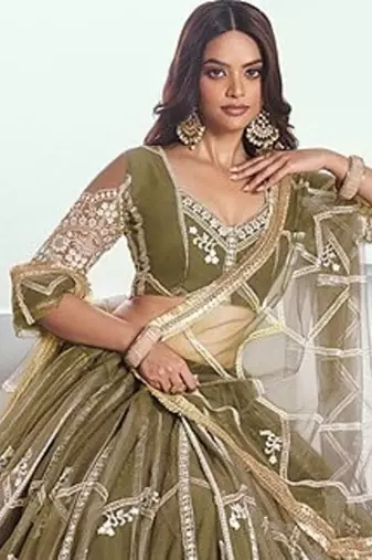 Green Net Embroidered & Thread Work Semi Stitched Lehenga Choli