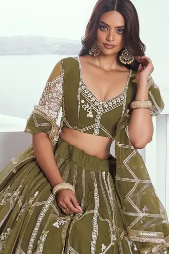 Green Net Embroidered & Thread Work Semi Stitched Lehenga Choli