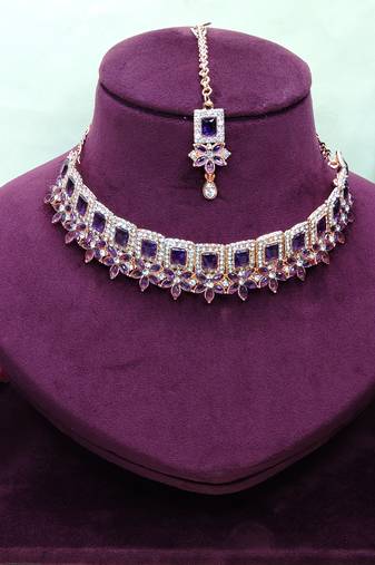 Blue rose gold premium designer american diamond and stone work necklace set
