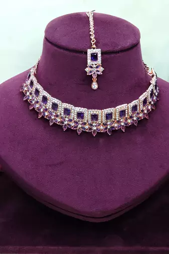 Blue rose gold premium designer american diamond and stone work necklace set
