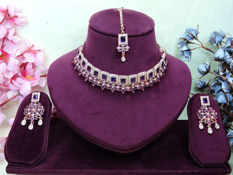 Blue rose gold premium designer american diamond and stone work necklace set