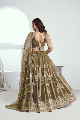 Green Net Embroidered & Thread Work Semi Stitched Lehenga Choli 4
