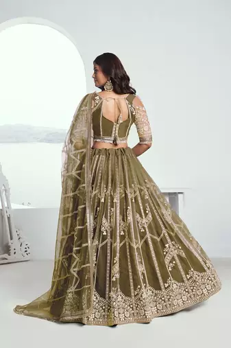 Green Net Embroidered & Thread Work Semi Stitched Lehenga Choli