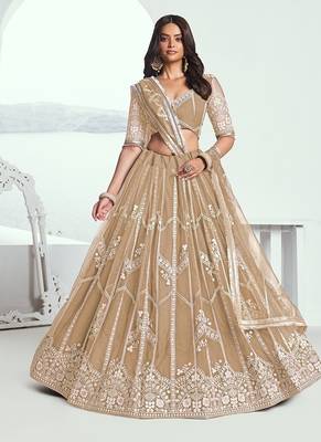 Beige Net Embroidered & Thread Work Semi Stitched Lehenga Choli 1
