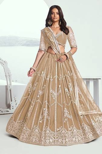 Beige Net Embroidered & Thread Work Semi Stitched Lehenga Choli
