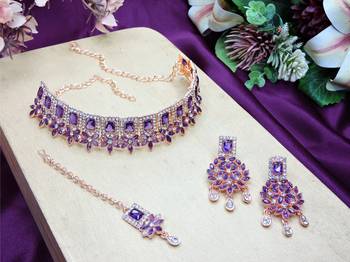 Blue rose gold premium designer american diamond and stone work necklace set 2
