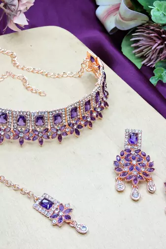 Blue rose gold premium designer american diamond and stone work necklace set
