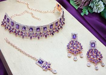 Blue rose gold premium designer american diamond and stone work necklace set 3