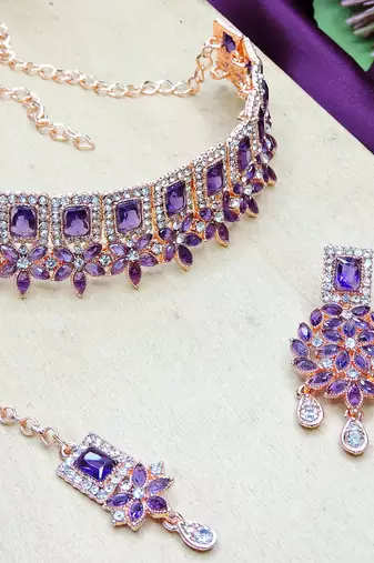 Blue rose gold premium designer american diamond and stone work necklace set