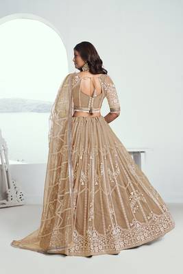 Beige Net Embroidered & Thread Work Semi Stitched Lehenga Choli 4