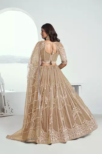 Beige Net Embroidered & Thread Work Semi Stitched Lehenga Choli
