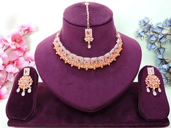 Pink rose gold premium designer american diamond and stone work necklace set 1