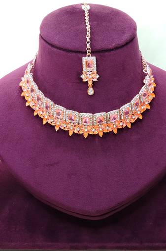 Pink rose gold premium designer american diamond and stone work necklace set