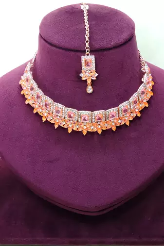 Pink rose gold premium designer american diamond and stone work necklace set