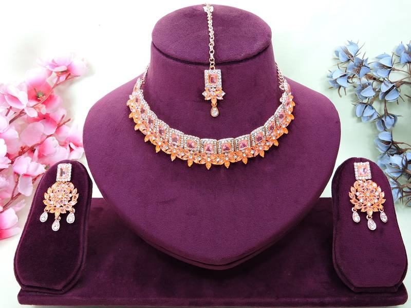 Pink rose gold premium designer american diamond and stone work necklace set