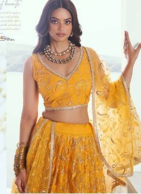 Yellow Net Embroidered & Thread Work Semi Stitched Lehenga Choli 2