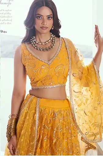 Yellow Net Embroidered & Thread Work Semi Stitched Lehenga Choli
