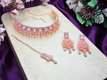 Pink rose gold premium designer american diamond and stone work necklace set 2