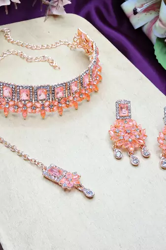 Pink rose gold premium designer american diamond and stone work necklace set
