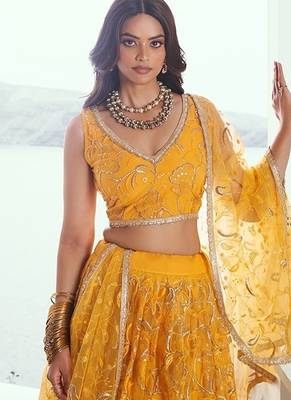 Yellow Net Embroidered & Thread Work Semi Stitched Lehenga Choli 3