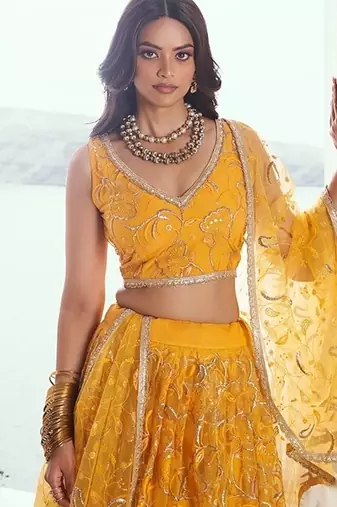 Yellow Net Embroidered & Thread Work Semi Stitched Lehenga Choli
