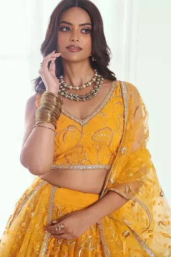Yellow Net Embroidered & Thread Work Semi Stitched Lehenga Choli