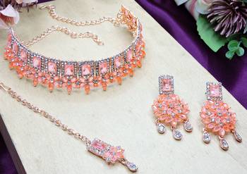 Pink rose gold premium designer american diamond and stone work necklace set 3