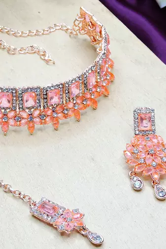 Pink rose gold premium designer american diamond and stone work necklace set