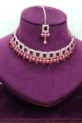 Purple rose gold premium designer american diamond and stone work necklace set