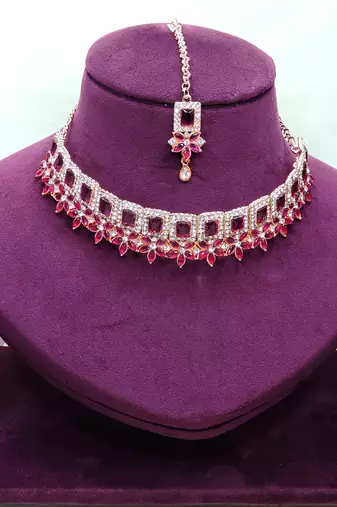 Purple rose gold premium designer american diamond and stone work necklace set
