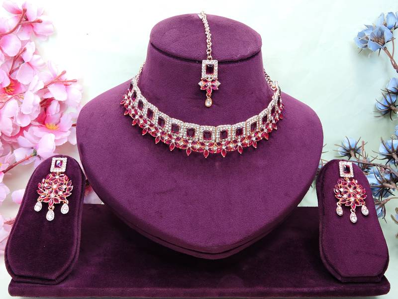 Purple rose gold premium designer american diamond and stone work necklace set
