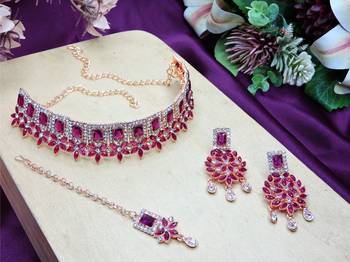 Purple rose gold premium designer american diamond and stone work necklace set 2