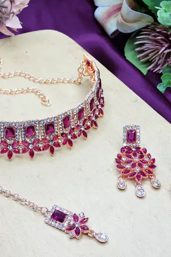 Purple rose gold premium designer american diamond and stone work necklace set