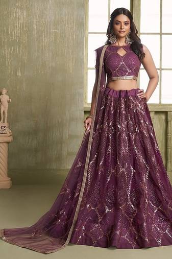 Wine Net Embroidered & Thread Work Semi Stitched Lehenga Choli