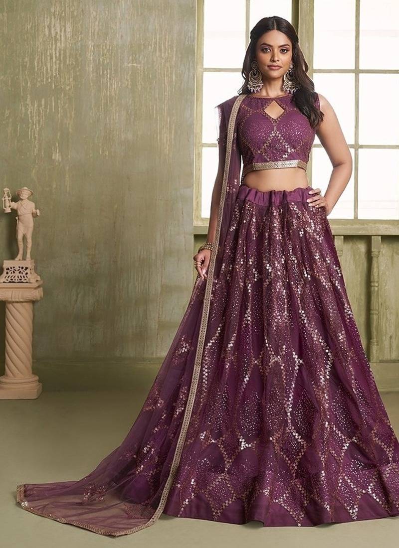 Wine Net Embroidered & Thread Work Semi Stitched Lehenga Choli