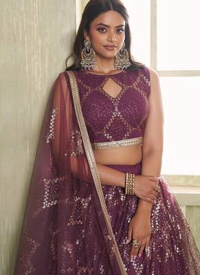 Wine Net Embroidered & Thread Work Semi Stitched Lehenga Choli 2