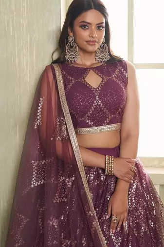Wine Net Embroidered & Thread Work Semi Stitched Lehenga Choli