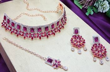 Purple rose gold premium designer american diamond and stone work necklace set 3