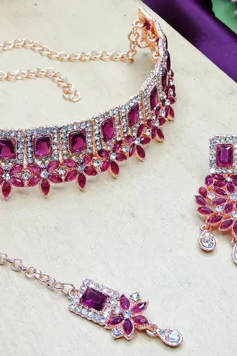 Purple rose gold premium designer american diamond and stone work necklace set