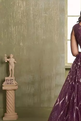 Wine Net Embroidered & Thread Work Semi Stitched Lehenga Choli