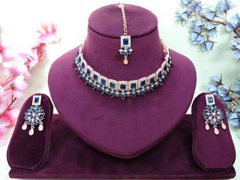 Blue rose gold premium designer american diamond and stone work necklace set 1